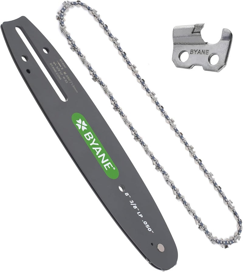Byane 8 Inch Carbide Chainsaw Bar and Chain Combo, 3/8" LP Pitch, 050" Gauge, 33 Drive Links Fits Oregon S33, Greenworks, Sun Joe, Chicago, Portland, Kobalt, Earthwise and More - Image 1